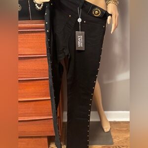 Versace Women's Black Skinny Jeans with Gold Accents